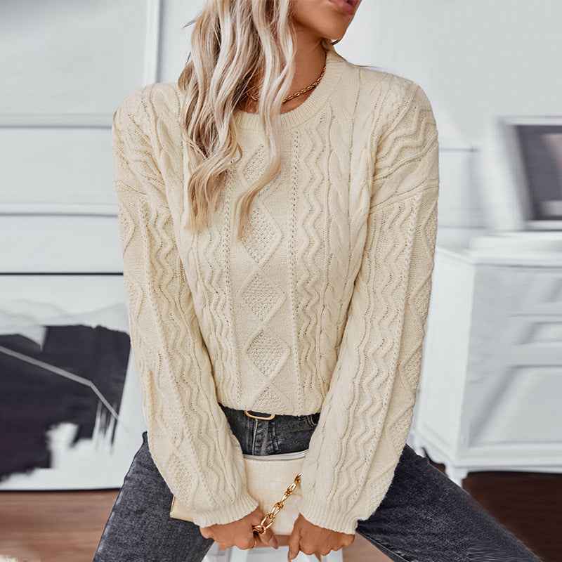Theophila | Women's Cable Knit Crew Neck Jumper Brown and White