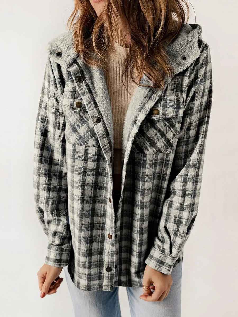 Oriel | Women's Hooded Plaid Jacket with Sherpa Trim