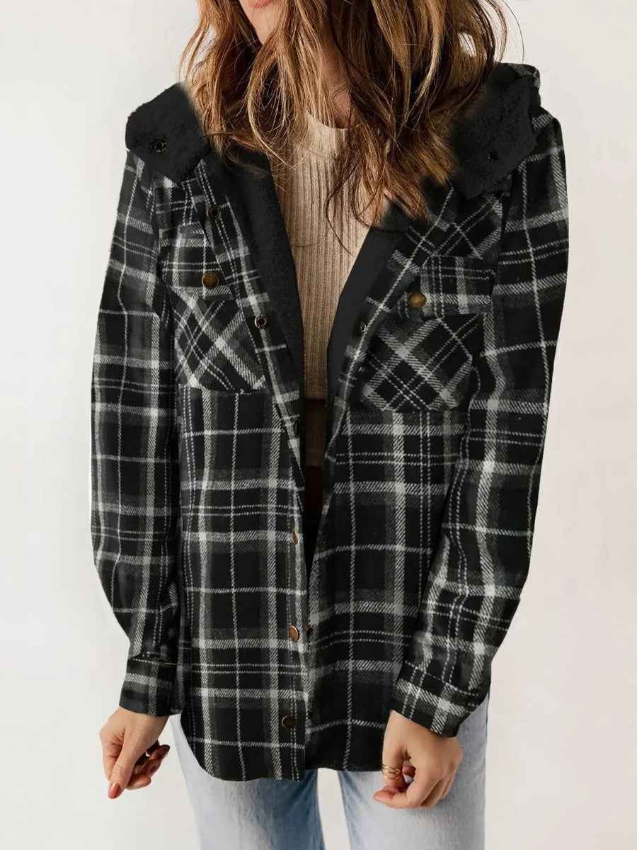 Oriel | Women's Hooded Plaid Jacket with Sherpa Trim