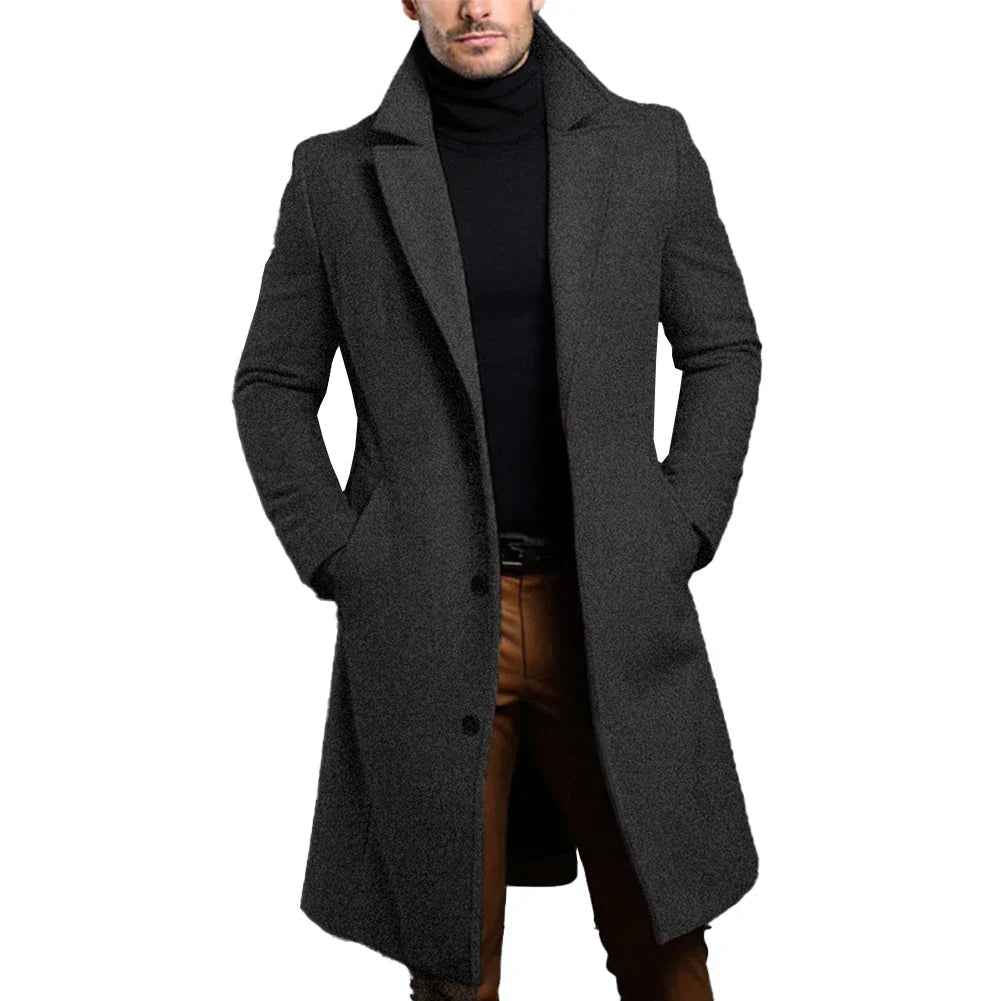 Boone | Men's Brown Wool-Blend Long Coat with Notched Lapel