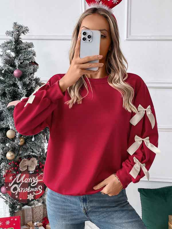 Almira | Women's Red Bow Sleeve Crew Neck Jumper