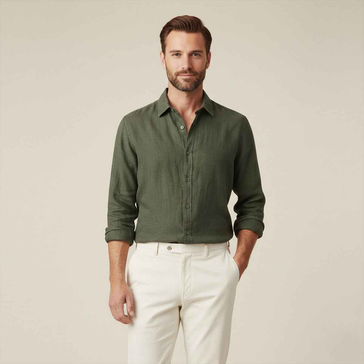 Bellamy linen button-up shirt detail view 1