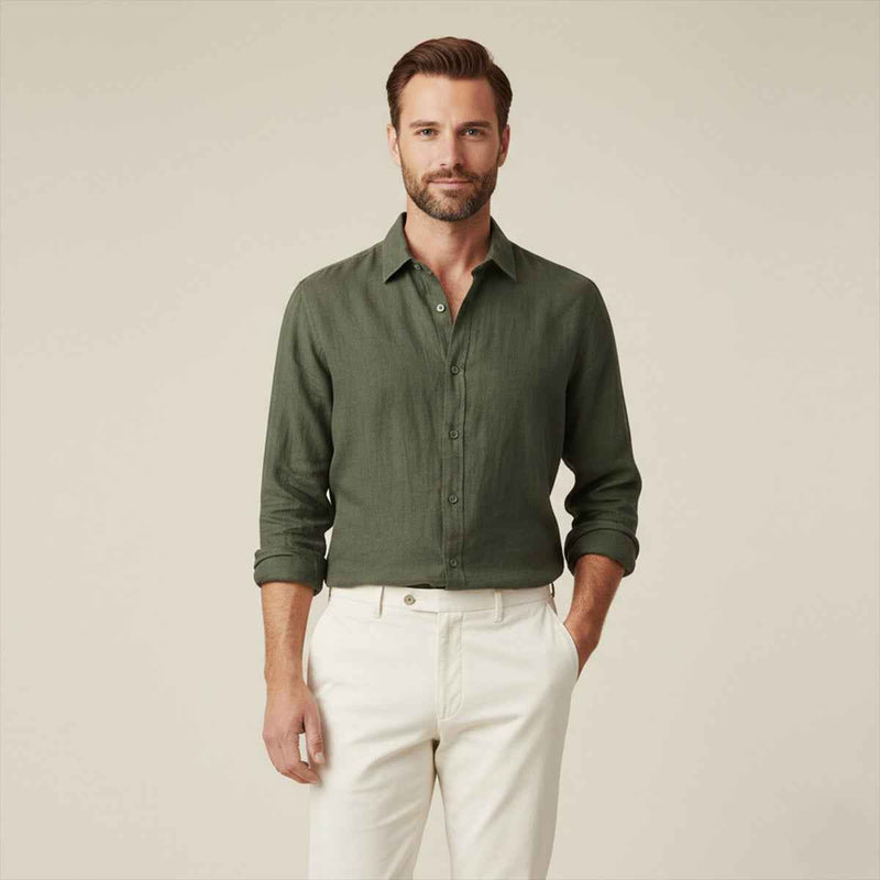 Bellamy linen button-up shirt detail view 1