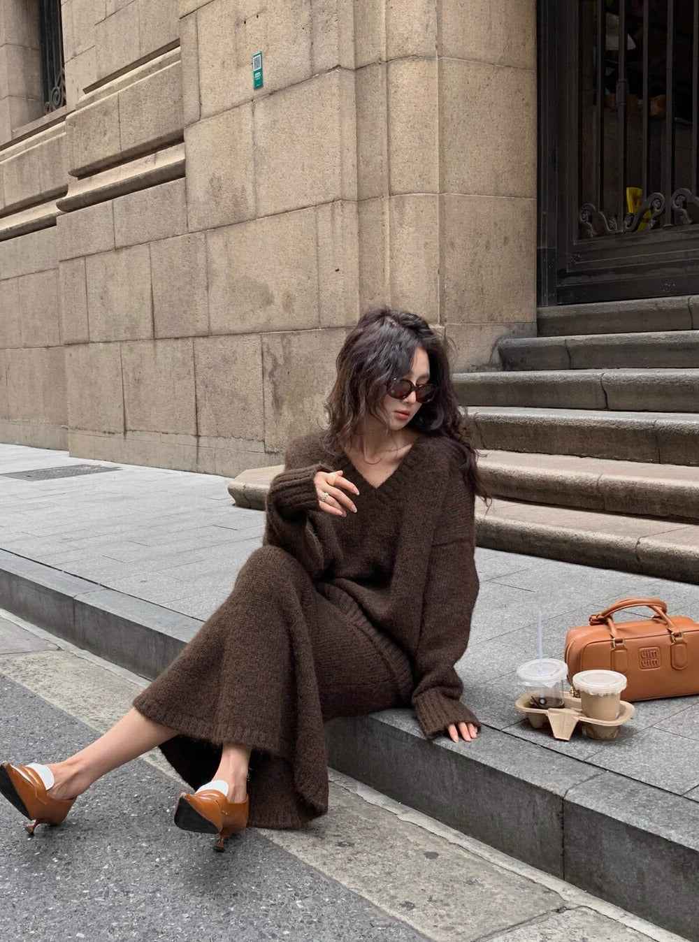 Alessia | Women's V-Neck Knit Jumper and Wide Leg Trousers Set