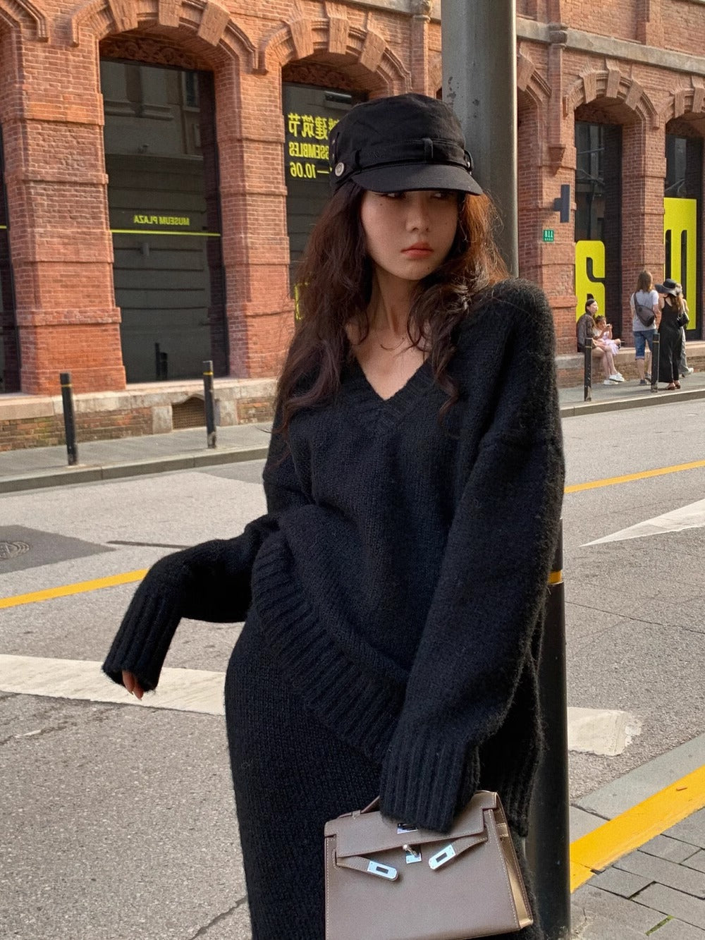 Alessia V-neck knit jumper and wide leg trousers set in Black