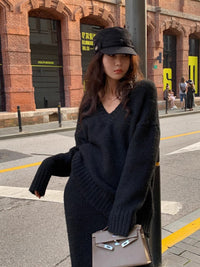 Alessia V-neck knit jumper and wide leg trousers set in Black