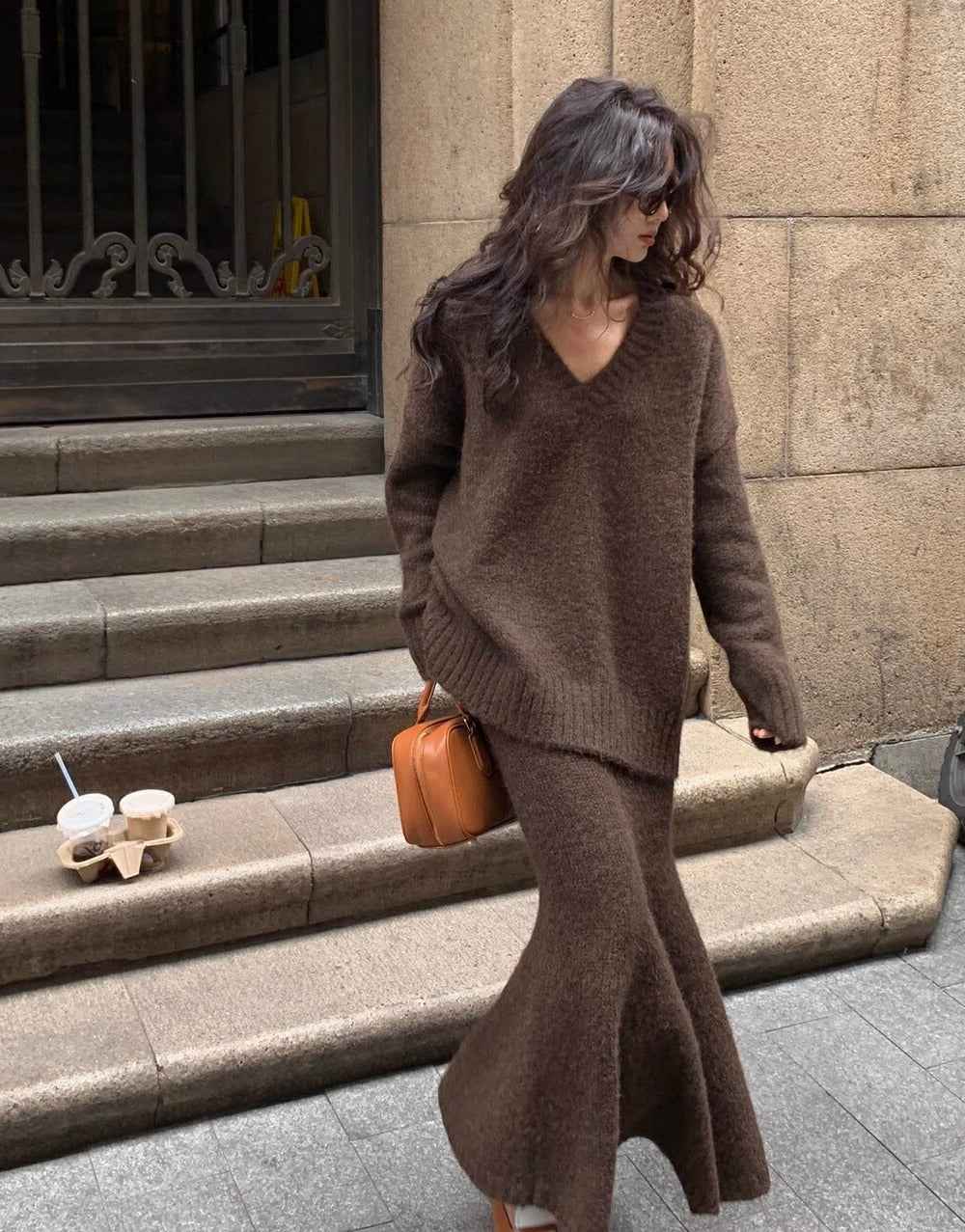 Alessia | Women's V-Neck Knit Jumper and Wide Leg Trousers Set