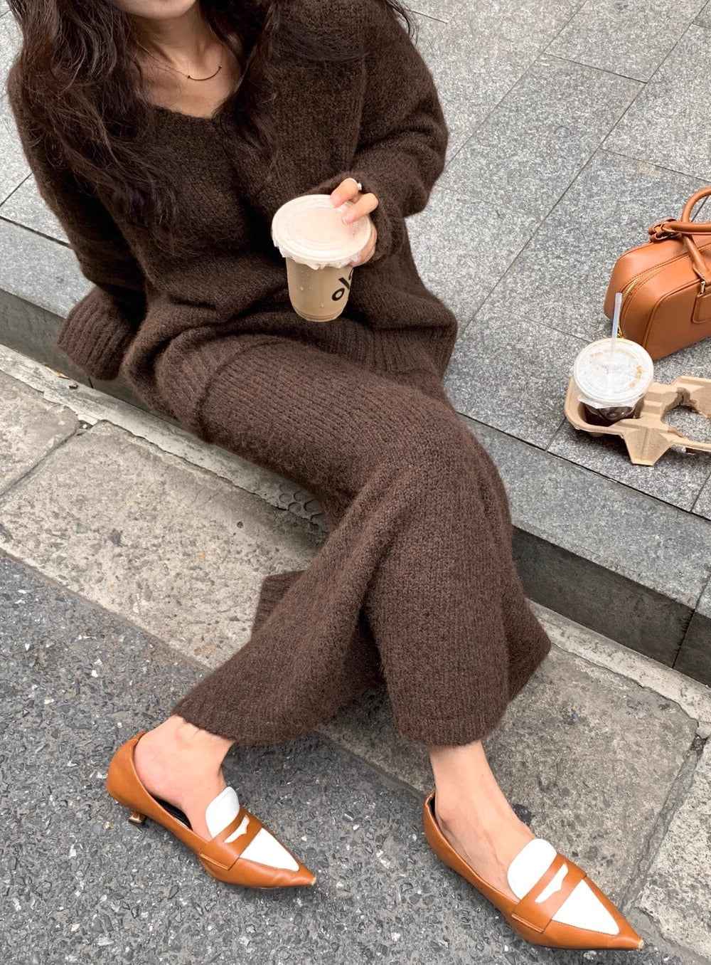Alessia | Women's V-Neck Knit Jumper and Wide Leg Trousers Set