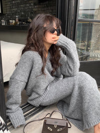 Alessia V-neck knit jumper and wide leg trousers set in Grey