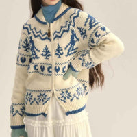 Griselda | Women's Zip-Up Fair Isle Cardigan White and Blue