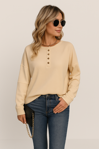 Perdita button front long sleeve top in Beige