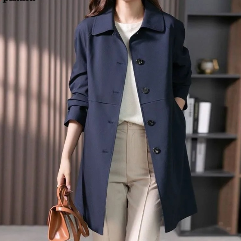 Rosanna | Women's Button-Front Mid-Length Trench Coat Dark Blue and Black