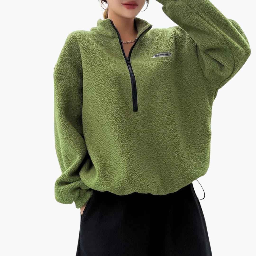 Elowen | Women's Half-Zip Textured Sweatshirt in Green and Beige