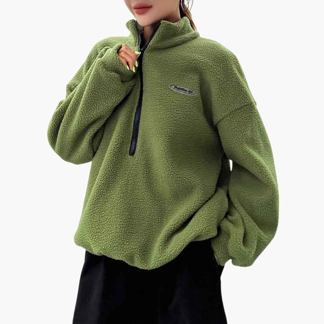Elowen | Women's Half-Zip Textured Sweatshirt in Green and Beige