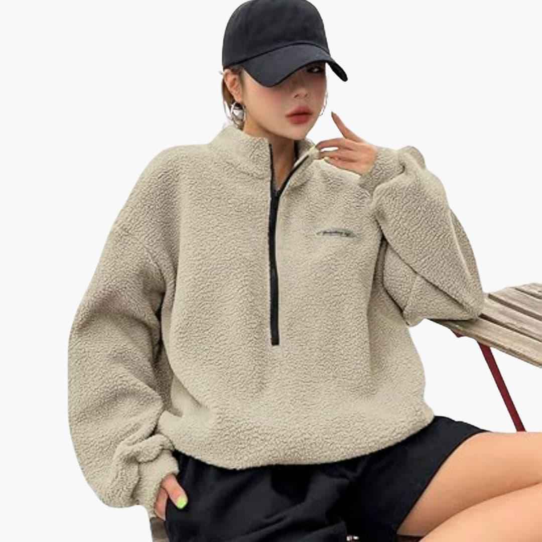 Elowen | Women's Half-Zip Textured Sweatshirt in Green and Beige